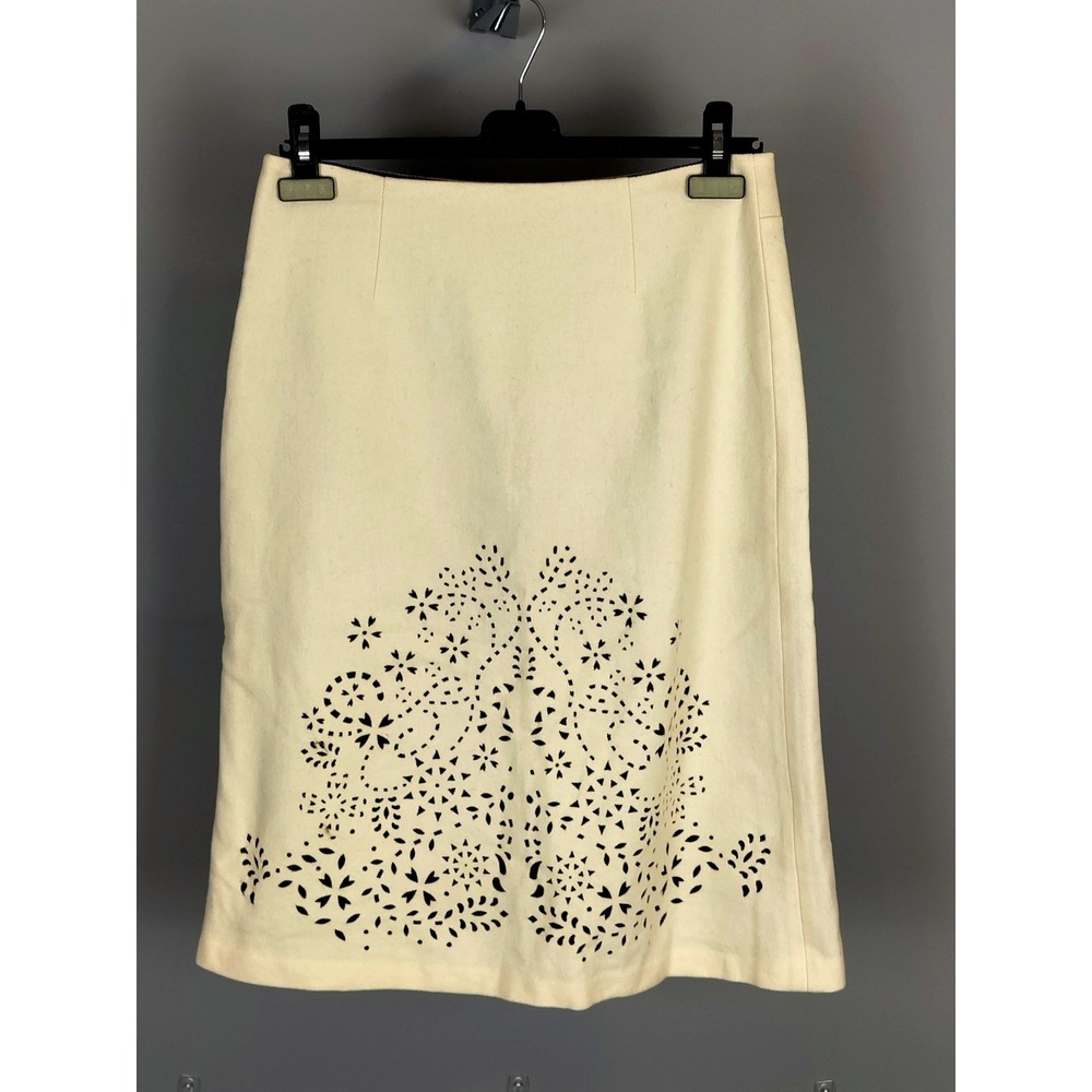 Sandra Angelozzi Wool Laser Cut Floral Skirt Womens 38‎ Ivory Black A-Line Knee